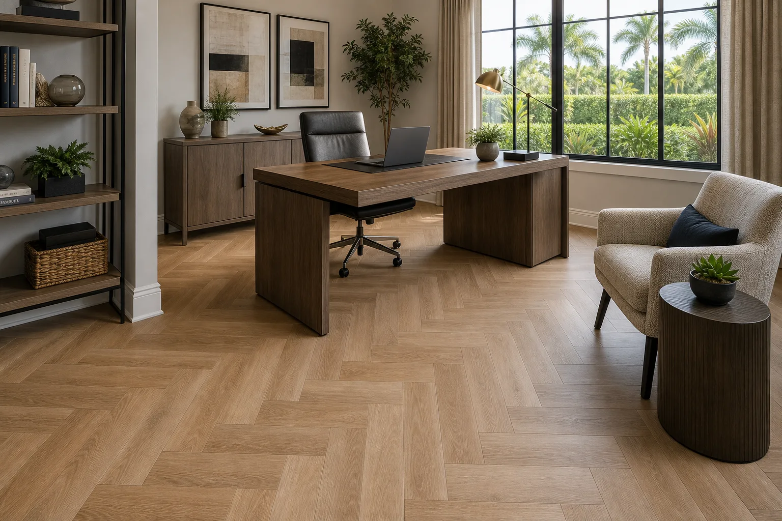 Viera home office with warm herringbone LVP Vinyl Plank Flooring