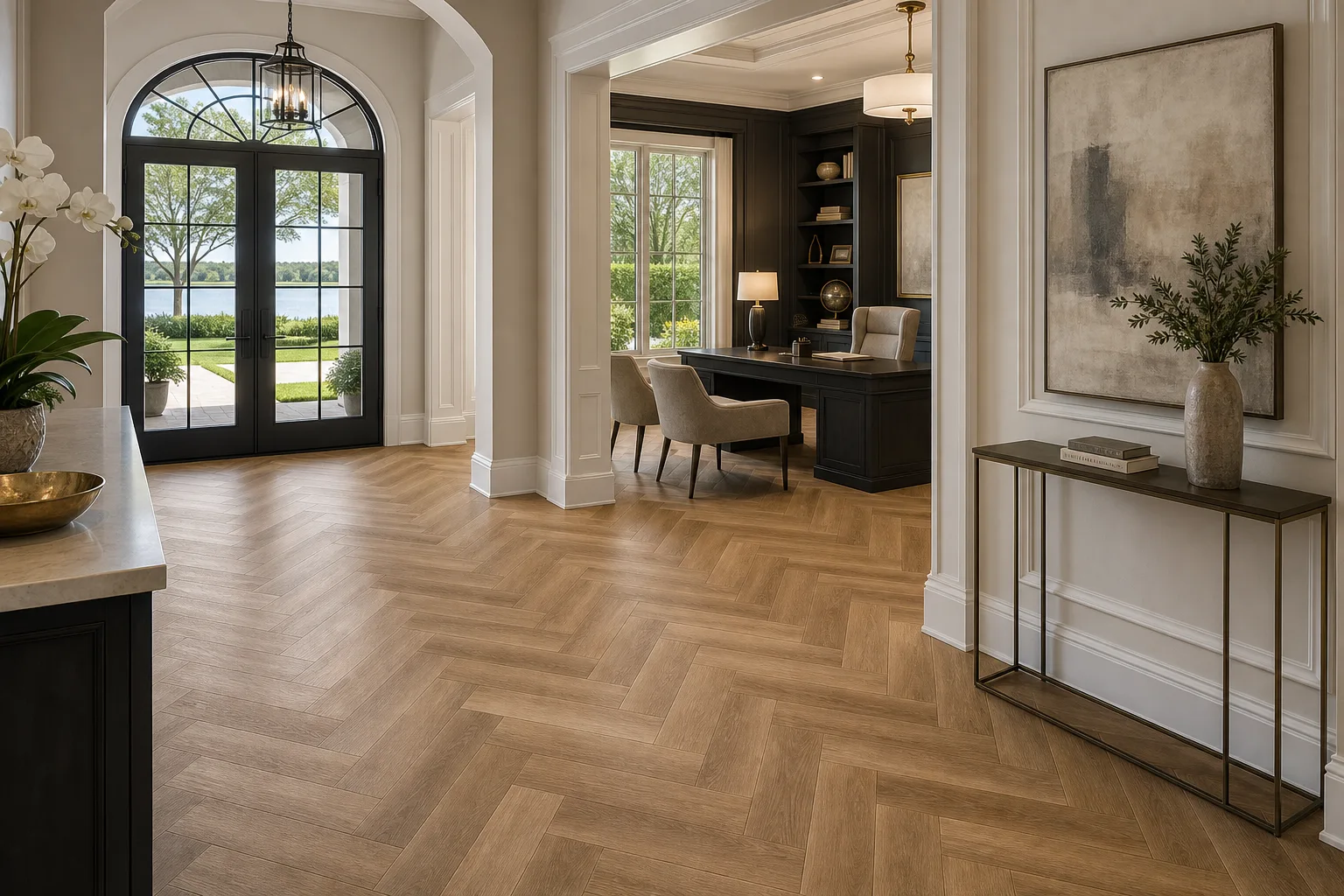 Windermere luxury entry with warm herringbone LVP Vinyl Plank Flooring
