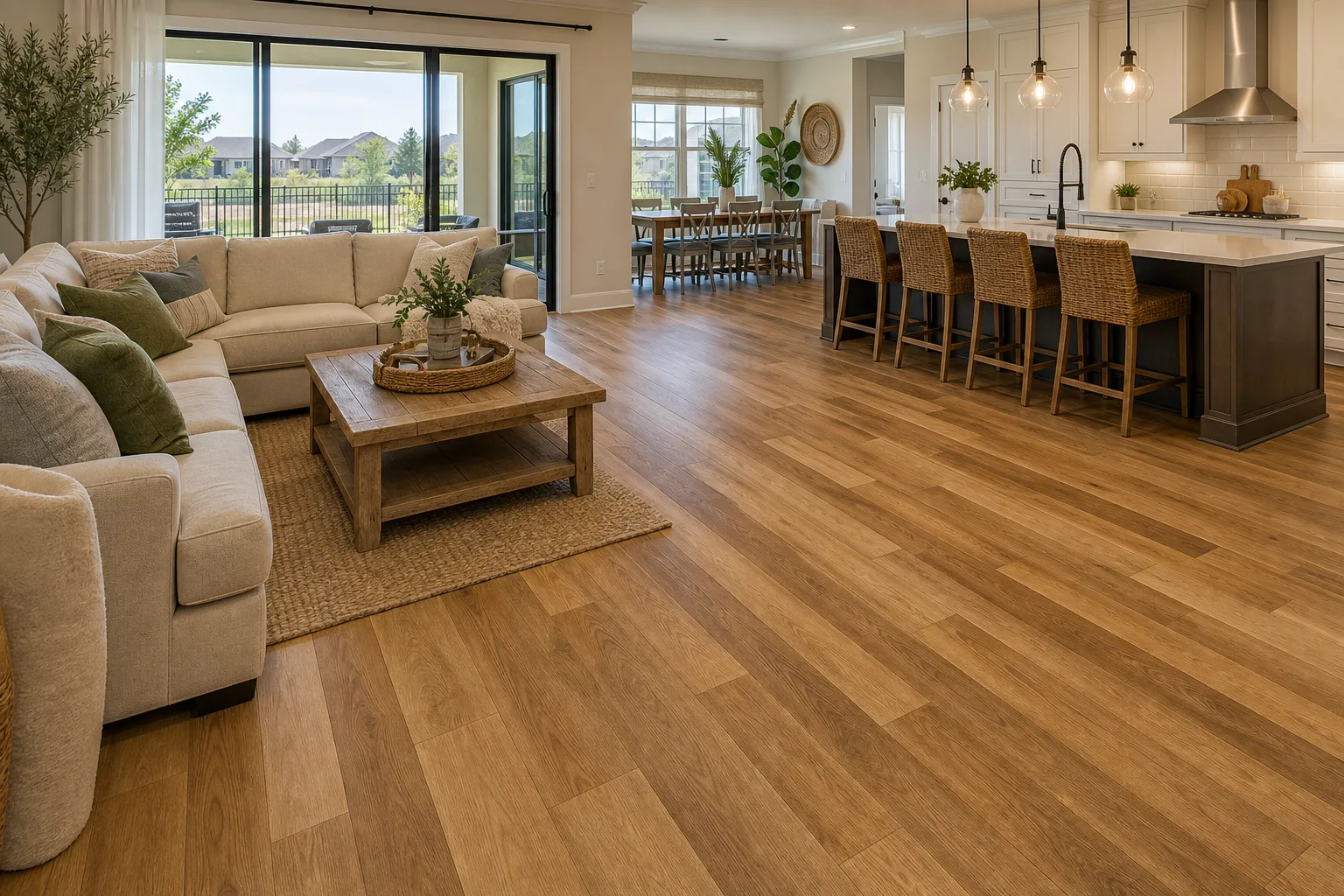 Winter Garden open-plan home with warm mixed-width LVP Vinyl Plank Flooring