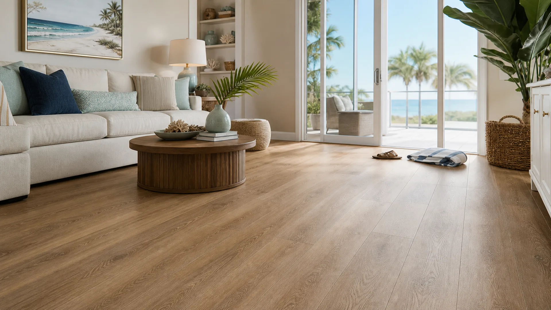 Waterproof luxury vinyl plank flooring in a bright Melbourne Florida coastal living room