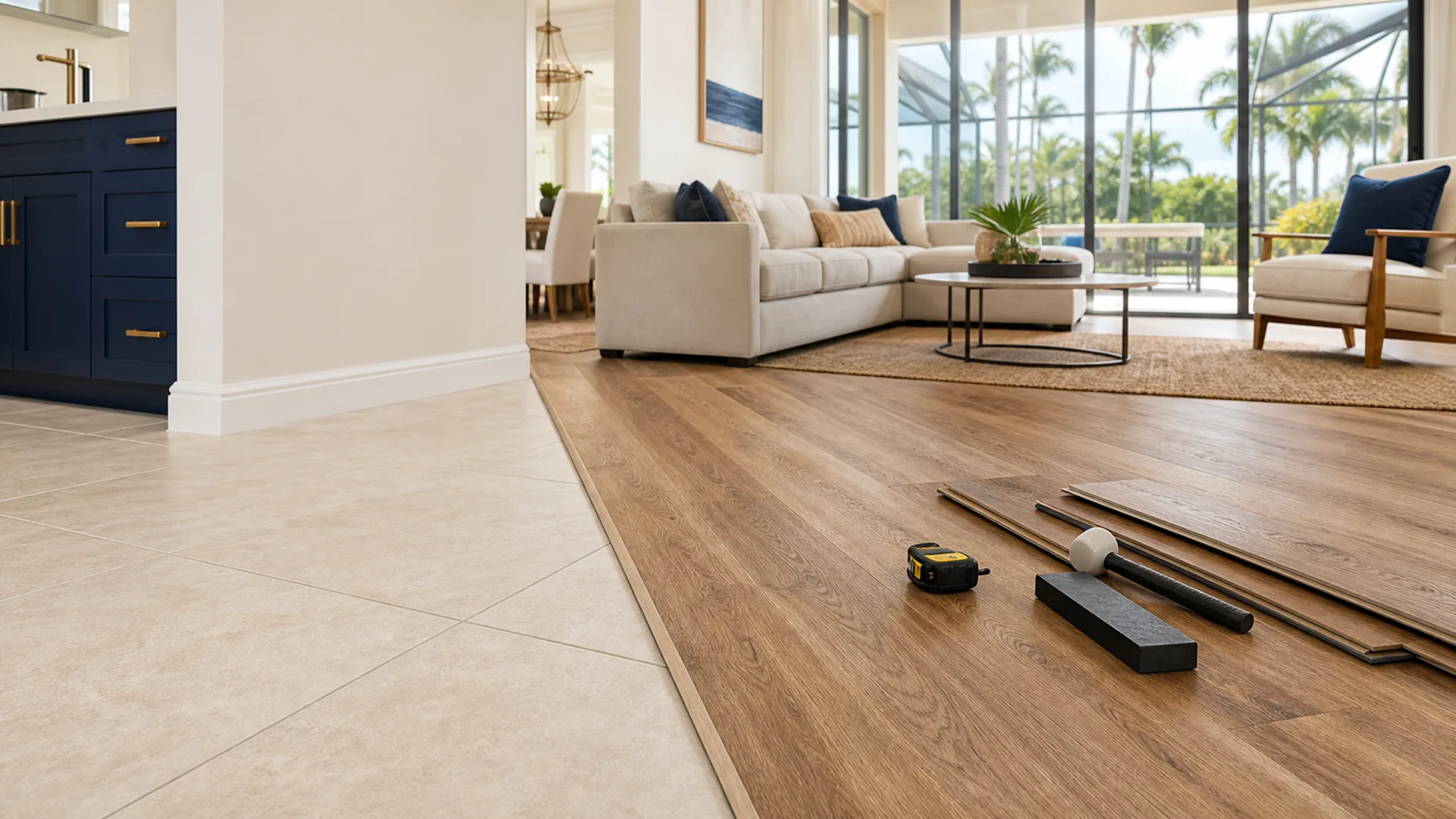 Clean tile-to-luxury-vinyl-plank conversion in a bright Orlando-area living room