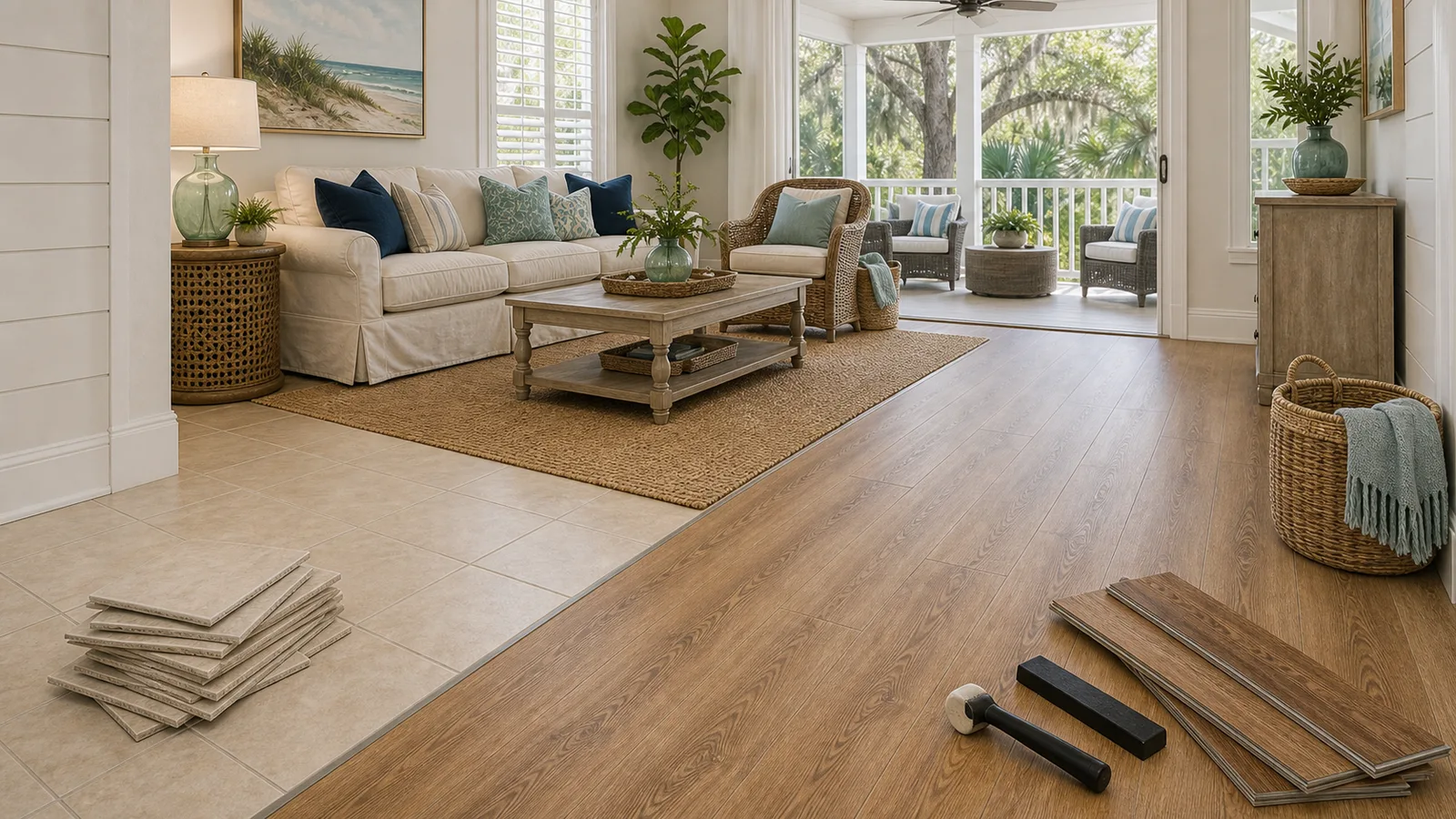 Amelia Island Tile-to-Plank Conversion scene for Amelia Island, Florida with LVP Vinyl Plank Flooring
