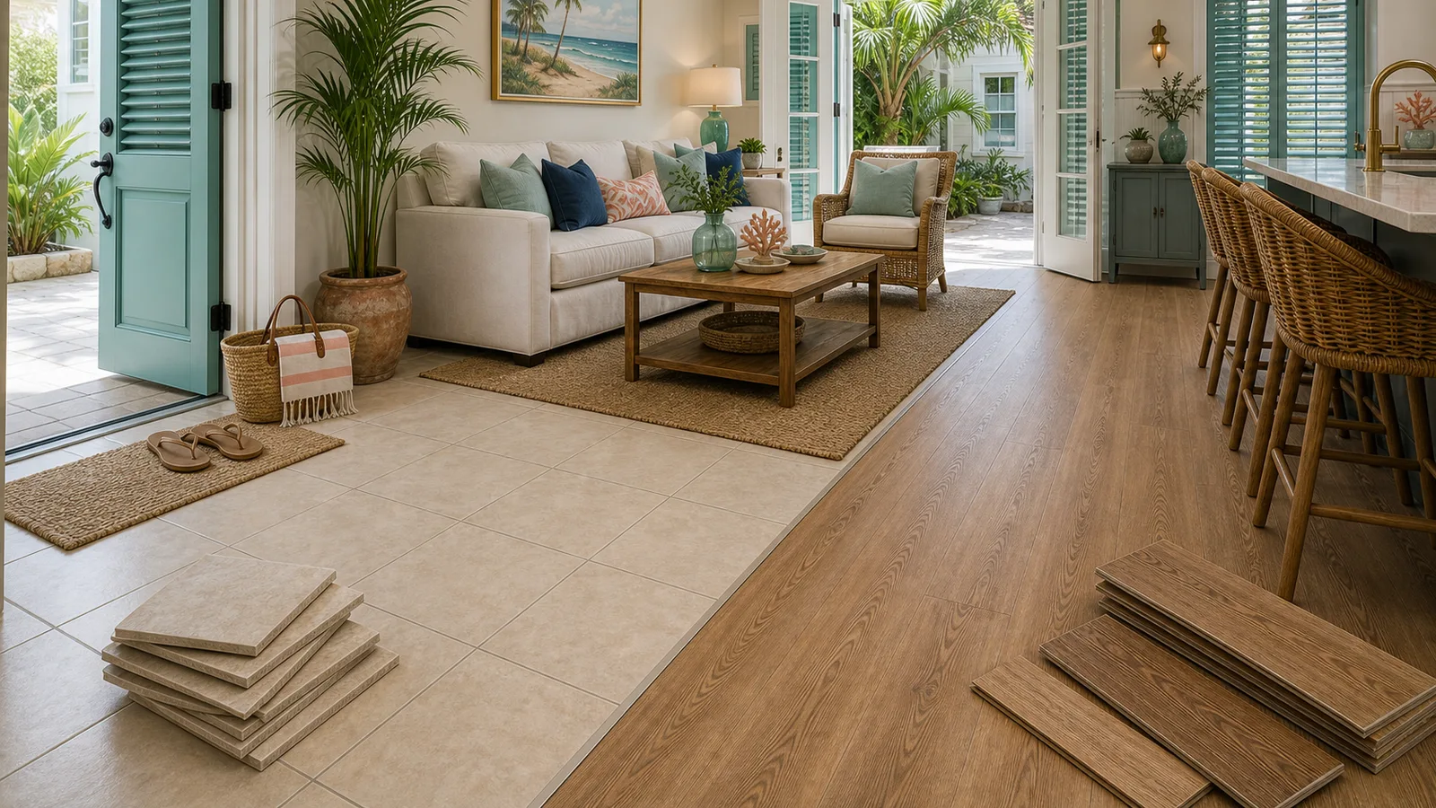 Key West Tile-to-Plank Conversion scene for Key West, Florida with LVP Vinyl Plank Flooring