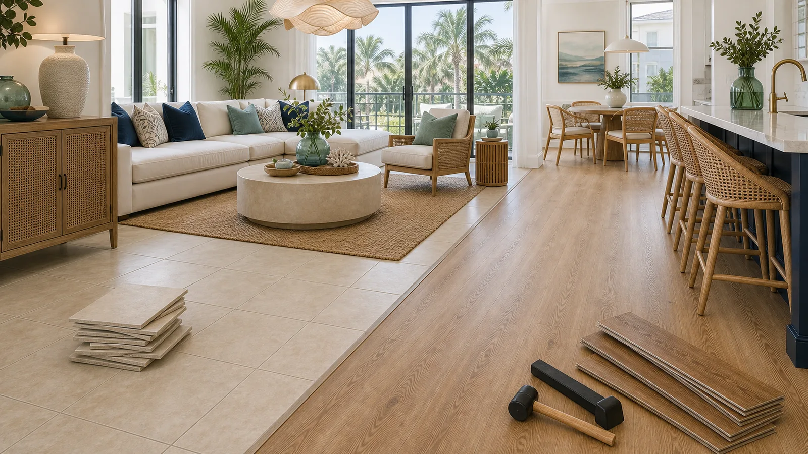Sarasota Tile-to-Plank Conversion scene for Sarasota, Florida with LVP Vinyl Plank Flooring