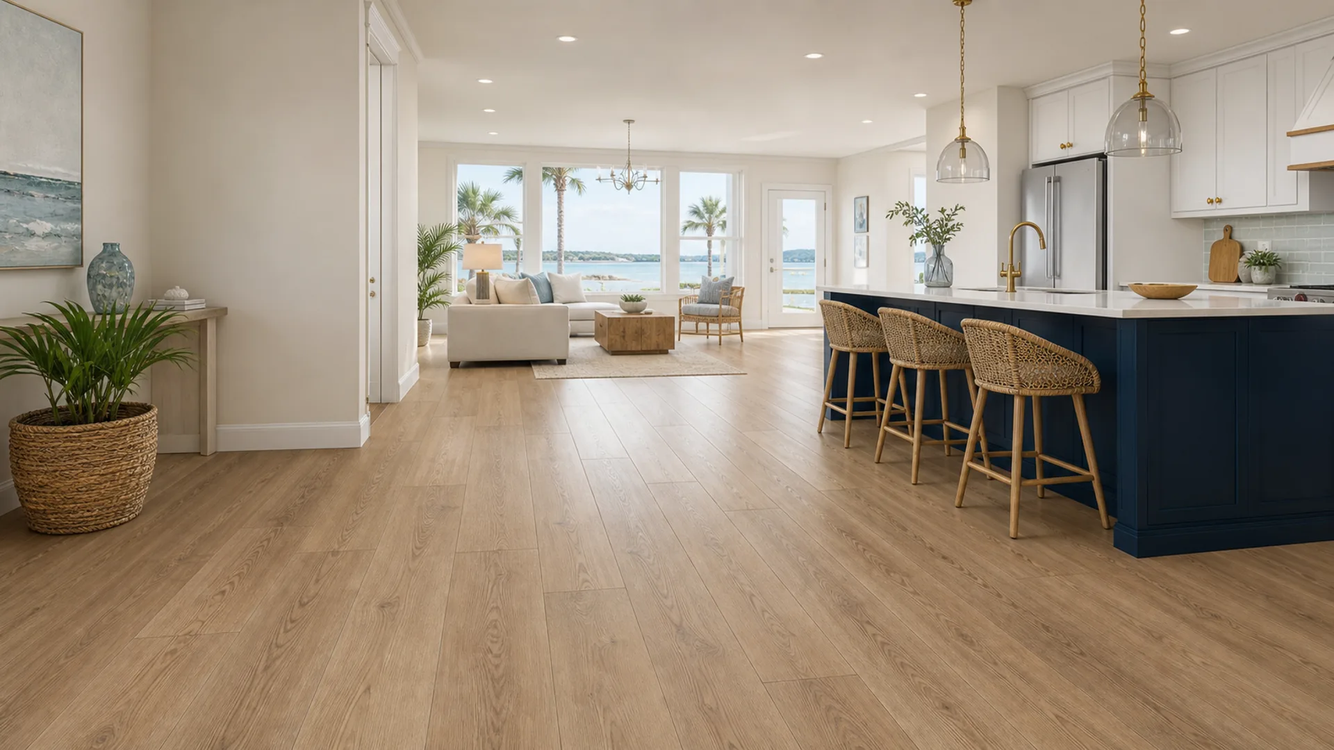 Bright Space Coast home with warm luxury vinyl plank flooring through an open kitchen and living area