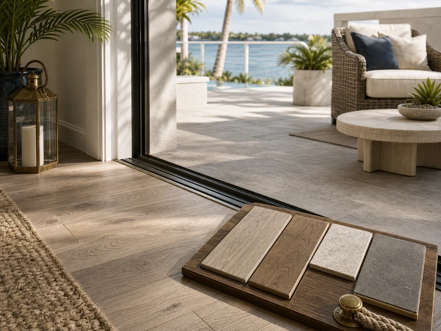 Covered lanai threshold with indoor plank flooring and exterior surface samples