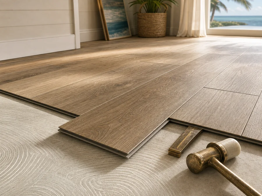 Warm luxury vinyl plank boards staged for a precise installation in a bright coastal home