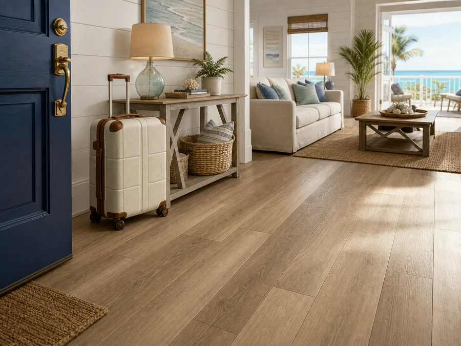 Guest-ready vacation rental entry with durable warm luxury vinyl plank flooring